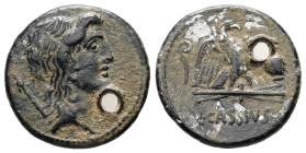 Q. Cassius Longinus, 55 BC. AR, Denarius. 3.25 g. 18.68 mm. Rome.
Obv: Head of Genius Populi Romani, right, with sceptre over shoulder.
Rev: Q·CASSIVS...