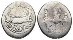 Mark Antony, 44-30 BC. AR, Denarius. 3.43 g. 18.00 mm. Military mint moving with Mark Antony (Patrae?), 32-31.
Obv: ANT·AVG III·VIR·R·P·C. Ship, right...