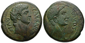 Octavian and Divus Julius Caesar, c. 38 BC. AE, Dupondius (?) 18.49 g. 30.97 mm. Uncertain mint in southern (?). Italy.
Obv: CAESAR DIVI·F. Head of O...