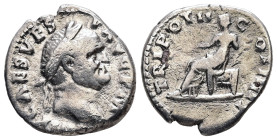 Vespasian, AD 69-79. AR, Denarius. 3.15 g. 18.05 mm. Rome.
Obv: IMP CAES VESP AVG P M. Head of Vespasian, laureate, right.
Rev: TRI POT II COS III P P...