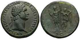 Domitian, AD 81-96. AE, Sestertius. 22.88 g. 33.74 mm. Rome.
Obv: IMP CAES DOMIT AVG GERM COS XIIII CENS PER P P. Head of Domitian, laureate, right....
