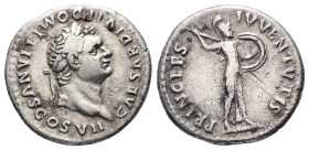 Domitian as Caesar, AD 69-81. AR, Denarius. 2.98 g. 18.12 mm. Rome.
Obv: CAESAR DIVI F DOMITIANVS COS VII. Head of Domitian, laureate, right.
Rev: PRI...