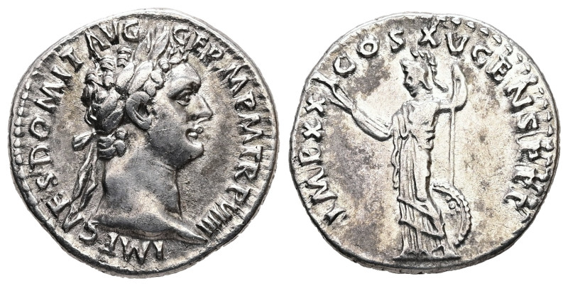 Domitian, 81-96 AD. AR, Denarius. 3.40 g. 19.13 mm. Rome. 
Obv: IMP CAES DOMIT A...