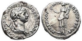 Trajan, AD 98-117. AR, Denarius. 3.15 g. 18.83 mm. Rome.
Obv: IMP CAES NER TRAIAN OPTIM AVG GERM DAC. Bust of Trajan, laureate, draped, right.
Rev: PA...
