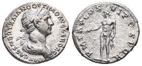 Trajan, 98-117 AD. AR, Denarius. 3.37 g. 18.86 mm. Rome.
Obv: IMP CAES NER TRAIANO OPTIMO AVG GER DAC. Bust of Trajan, laureate, draped, right.
Rev: P...