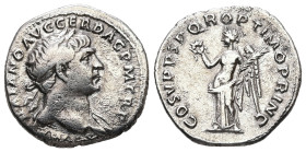 Trajan, AD 98-117. AR, Denarius. 2.77 g. 18.67 mm. Rome.
Obv: IMP TRAIANO AVG GER DAC P M TR P. Bust of Trajan, laureate, right, draped on left should...