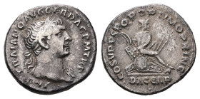 Trajan, AD 98-117. AR, Denarius. 2.60 g. 18.65 mm. Rome.
Obv: IMP TRAIANO AVG GER DAC P M TR P. Bust of Trajan, laureate, right; draped on left should...