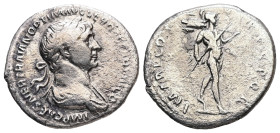 Trajan, 98-117 AD. AR, Denarius. 2.86 g. 19.49 mm. Rome.
Obv: IMP CAES NER TRAIAN OPTIM AVG GER DAC PARTHICO. Bust of Trajan, laureate, draped, right....