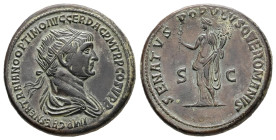 Trajan, AD 98-117. AE, As. 13.14 g. 27.76 mm. Rome. 
Obv: IMP CAES NER TRAIANO OPTIMO AVG GER DAC P M TR P COS V P P. Bust of Trajan, radiate, draped,...