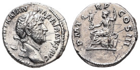 Hadrian, AD 117-138. AR, Denarius. 3.02 g. 17.59 mm. Rome.
Obv: IMP CAESAR TRAIAN HADRIANVS AVG. Head of Hadrian, laureate, right.
Rev: P M TR P COS I...