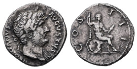Hadrian, AD 117-138. AR, Denarius. 2.98 g. 18.87 mm. Rome.
Obv: HADRIANVS AVGVSTVS. Head of Hadrian, laureate, right.
Rev: COS III. Hercules, naked, s...