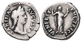 Sabina, AD 128-137. AR, Denarius. 3.43 g. 18.88 mm. Rome.
Obv: SABINA AVGVSTA. Bust of Sabina, diademed, wearing stephane with hair in queue, draped, ...