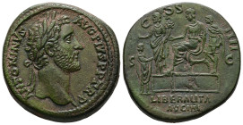 Antoninus Pius, AD 138-161. AE, Sestertius. 29.70 g. 31.12 mm. Rome.
Obv: ANTONINVS AVG PIVS P P TR P: Head of Antoninus Pius, laureate, right.
Rev:...