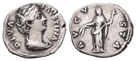 Diva Faustina, Died AD 140/1. AR, Denarius. 3.33 g. 18.71 mm. Rome.
Obv: DIVA FAVSTINA. Bust of Faustina I, draped, right, hair elaborately waved in s...