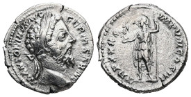 Marcus Aurelius, AD 161-180. AR, Denarius. 3.06 g. 19.05 mm. Rome.
Obv: M ANTONINVS AVG GERM SARM. Head of Marcus Aurelius, laureate, right.
Rev: TR...