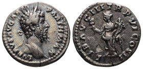 Lucius Verus AD 161-169. AR, Denarius. 2.71 g. 17.76 mm. Rome.
Obv: L VERVS AVG ARM PARTH MAX. Head of Lucius Verus, laureate, right.
Rev: LIB AVG I...