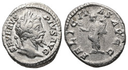 Septimius Severus, AD 193-211. AR, Denarius. 3.73 g. 18.86 mm. Rome.
Obv: SEVERVS PIVS AVG. Head of Septimius Severus, laureate, right.
Rev: FELICITAS...