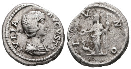 Julia Domna Augusta, 193-211 AD. AR, Denarius. 2.55 g. 18.29 mm. Rome.
Obv: IVLIA AVGVSTA. Bust of Julia Domna, hair waved and coiled at back, draped,...