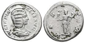 Julia Domna, AD 193-217. AR, Denarius. 3.36 g. 18.67 mm. Rome.
Obv: IVLIA PIA FELIX AVG. Bust of Julia Domna, hair elaborately waved in ridges and tur...