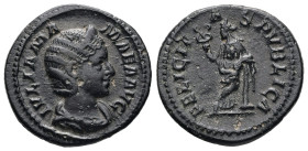 Julia Mamaea, AD 222-235. AR, Denarius. 2.67 g. 19.92 mm. Rome.
Obv: IVLIA MAMAEA AVG. Bust of Julia Mamaea, diademed, draped, right.
Rev: FELICITAS P...