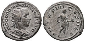 Gordian III, AD 238-244. AR, Antoninianus. 3.95 g. 22.14 mm. Rome.
Obv: IMP GORDIANVS PIVS FEL AVG. Bust of Gordian III, radiate, draped, cuirassed, r...