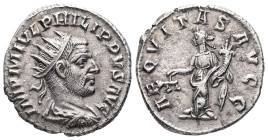 Philip I, AD 244-249. AR, Antoninianus. 3.70 g. 21.29 mm. Antioch.
Obv: IMP M IVL PHILIPPVS AVG. Bust of Philip, radiate, draped, cuirassed, right.
Re...