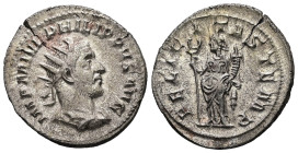 Philip I, AD 244-249. AR, Antoninianus. 4.33 g. 23.04 mm. Rome.
Obv: IMP M IVL PHILIPPVS AVG. Bust of Philip the Arab, radiate, draped, cuirassed, rig...