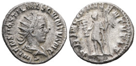 Hostilian, as Caesar, AD 250-251. AR, Antoninianus. 4.49 g. 21.09 mm.
Obv: C VALENS HOSTIL MES QVINTVS N C. Bust of Hostilian, radiate, draped, right....