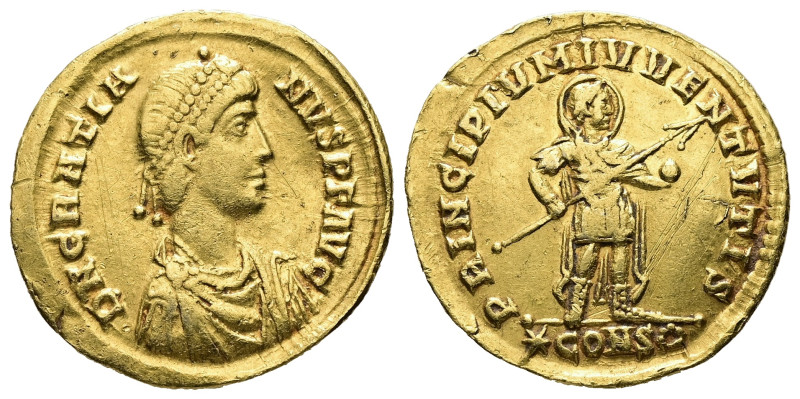 Gratian, AD 367-383. Gold, Solidus. 4.39 g. 21.81 mm. Constantinople.
Obv: D N G...