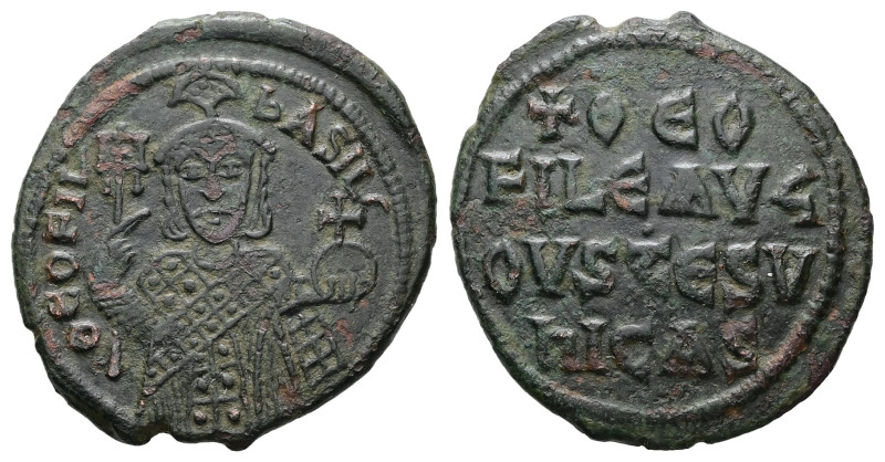 Theophilus, AD 829-842. AE, Follis. 7.95 g. 29.37 mm. Constantinople.
Obv: ΘEOFI...