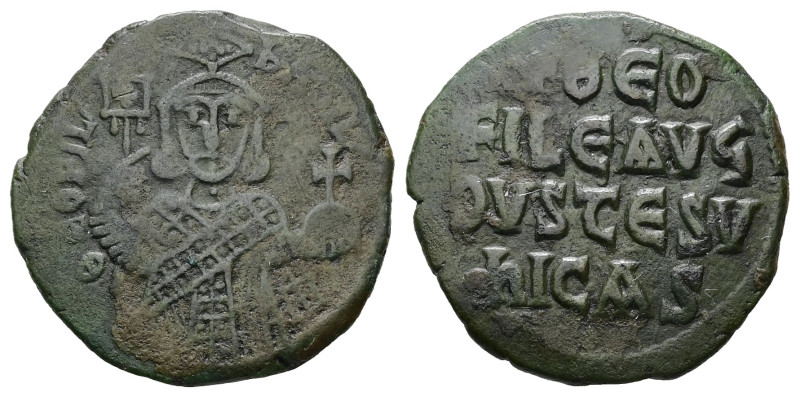 Theophilus, AD 829-842. AE, Follis. 7.79 g. 27.19 mm. Constantinople.
Obv: ΘEOFI...