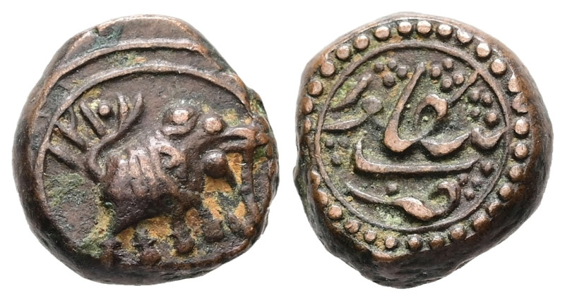 India. Mysore Kingdom. Tipu Sultan, AD 1782-1799. AE, ¼ Paisa. 2.82 g. 12.60 mm....