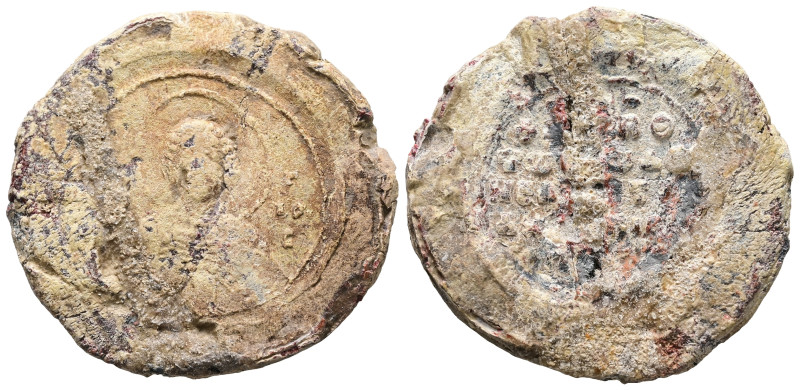 PB Byzantine seal (AD 11th century)
Obv.: Bust of St. George holding a spear in ...