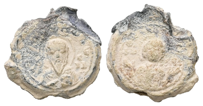 PB Byzantine seal (AD 11th century)
Obv.:Bust of St Basil offering a blessing wi...