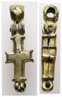 Byzantine Reliquary cross; gold plated; hinged at one end.
Weight: 5.50 g. 
Diameter: 33.35 mm.
