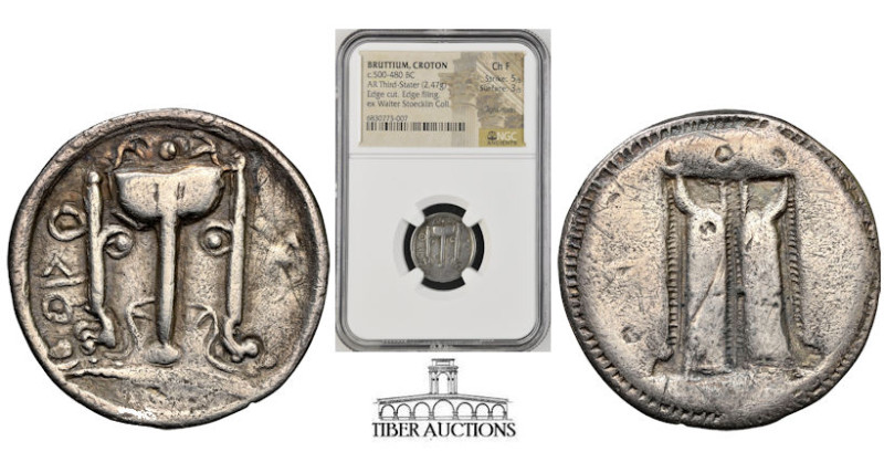 BRUTTIUM, Kroton. Circa 480-430 BC. AR 1/3 Nomos (16 mm, 2.47 g). Tripod, legs t...