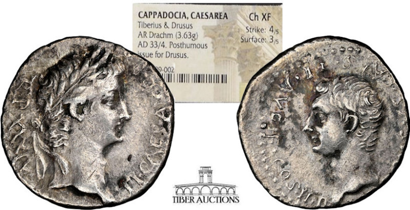 CAPPADOCIA, Caesarea-Eusebia. Tiberius, with Drusus Caesar. AD 14-37. AR Drachm ...
