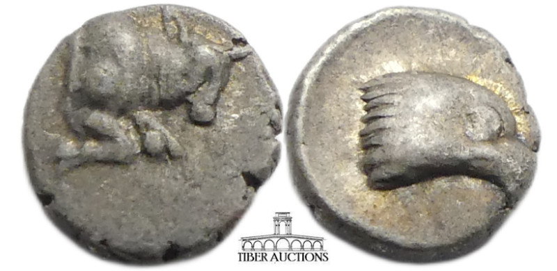 Caria, Unknown Mint. 5th Century BC. AR Tetartemorion (5 mm, .18 g). Forepart of...