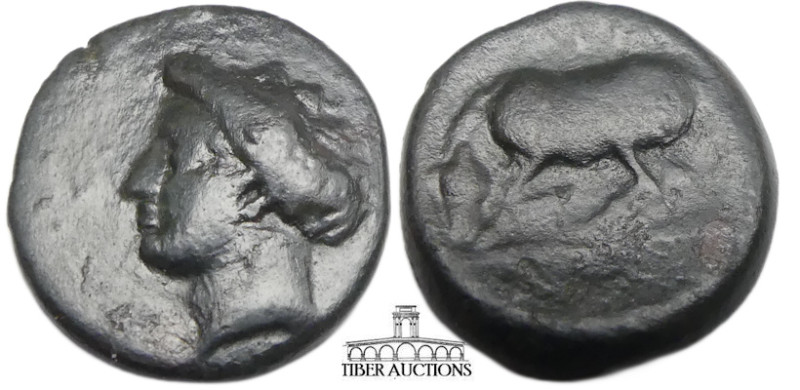 Thessaly, Larissa Æ Dichalkon.(17 mm, 4.03 g) Circa 380-370 BC. Head of the nymp...