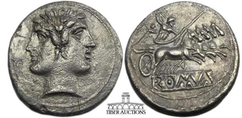 Anonymous. Circa 225-212 BC. AR Didrachm/Quadrigatus (23 mm, 5.83 g). Rome mint....