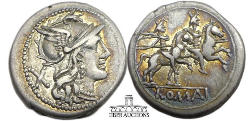 Anonymous. 211-208 BC. AR Denarius (19 mm, 3.75 g). Rome mint. Helmeted head of ...