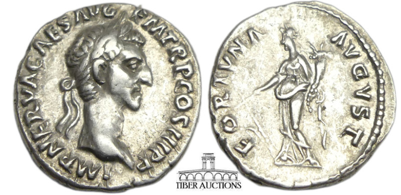 Nerva. AD 96-98. AR Denarius (18 mm, 3.42 g). Rome mint. Laureate head right / F...