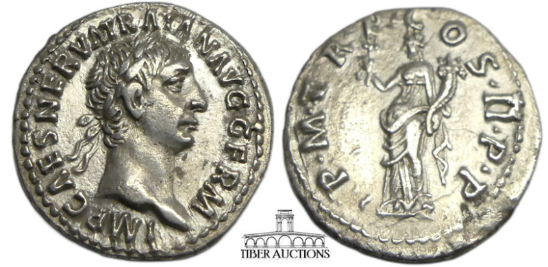 Trajan. AD 98-117. AR Denarius (19 mm, 3.17 g). Rome mint. Struck AD 100. Laurea...