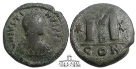 Justin I. 518-527. Æ Follis (30 mm, 15.22 g). Constantinople mint, 2nd officina. Struck 518-22. Diademed, draped, and cuirassed bust right / Large M, ...