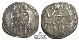 Andronicus II Palaeologus, with Michael IX. 1282-1328. AR Basilikon (20 mm, 1.60 g). Constantinople mint. Christ enthroned facing, raising right hand ...