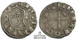 CRUSADERS, Antioch. Bohémond III. 1163-1201. BI Denier (17 mm, 0.92 g). Antioch mint. Helmeted head left; crescent to left, star to right / Cross patt...