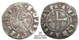 CRUSADERS, Antioch. Bohémond III. 1163-1201. BI Denier (17 mm, 0.90 g). Antioch mint. Helmeted head left; crescent to left, star to right / Cross patt...