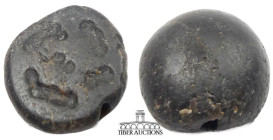 Near East. Circa 2nd-3rd Millennium BC. Stamp seal, crude, stylized figures in a circular progression. Black steatite. 27 mm x 10 mm. 9.42 g.