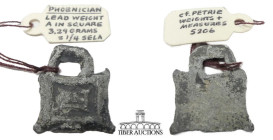 Phoenicia. Circa 4th Century BC. Weight, square, 1/4 Sela. Bronze. C. F. Petrie Weights and Measures 5206 / Hendon 311. 23 mm x 16 mm. 3.29 g.