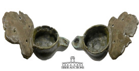 Roman. Circa 1st-4th Century AD. Lamp with leaf handle. Bronze. 90 mm x 52 mm x 27 mm. 77.04 g.